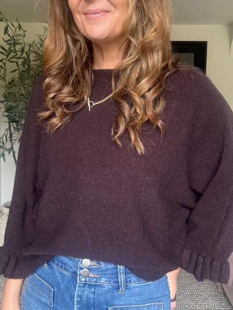 Frill 3/4 Sleeve Jumper - Chocolate