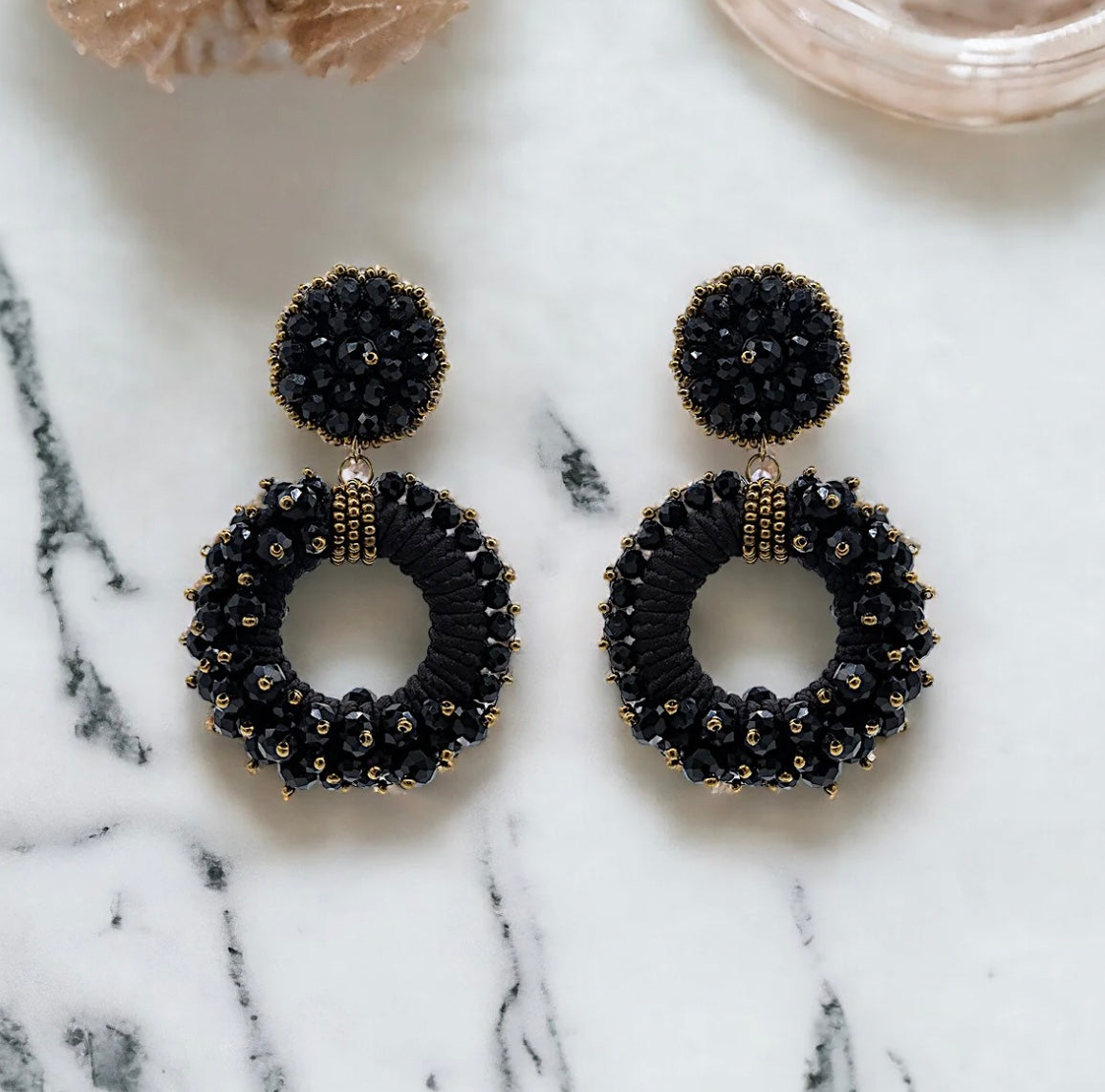 Black Beaded Circle Drop Earrings