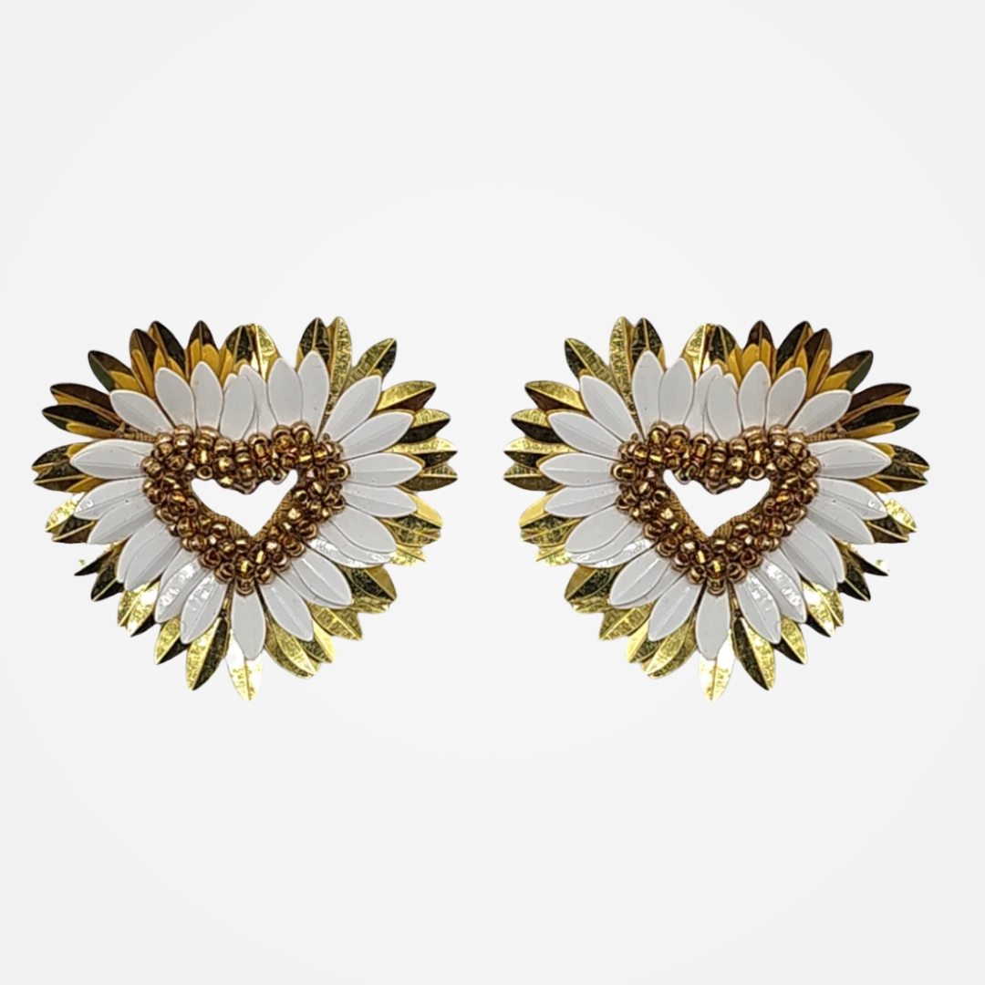 Gold and White Petal Heart Earrings