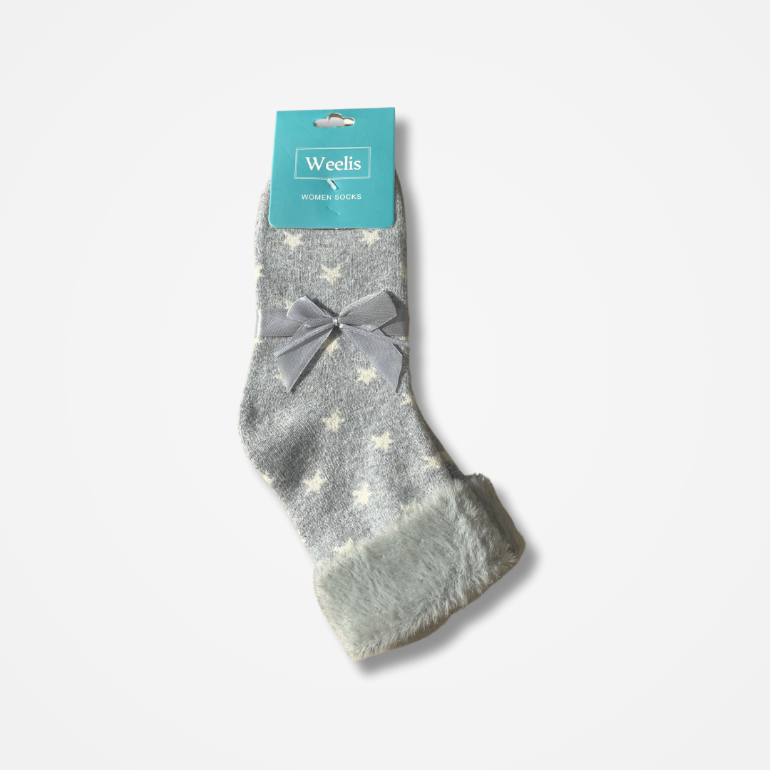 Light Grey/White Star Wool Blend Sock with Faux Fur Cuff