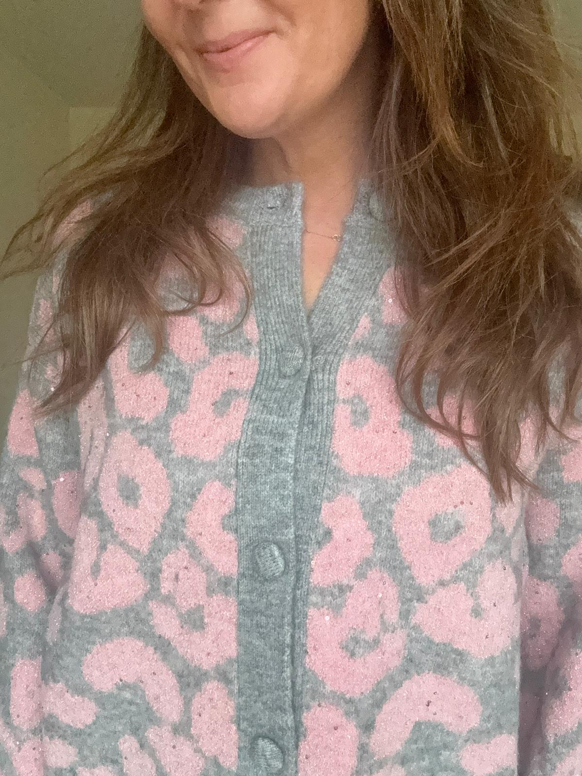 Pink and Grey Leopard Print Sparkle Cardigan