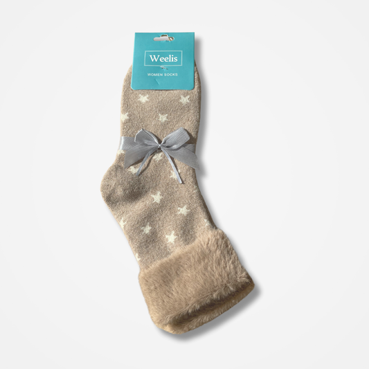 Taupe /White Star Wool Blend Sock with Faux Fur Cuff