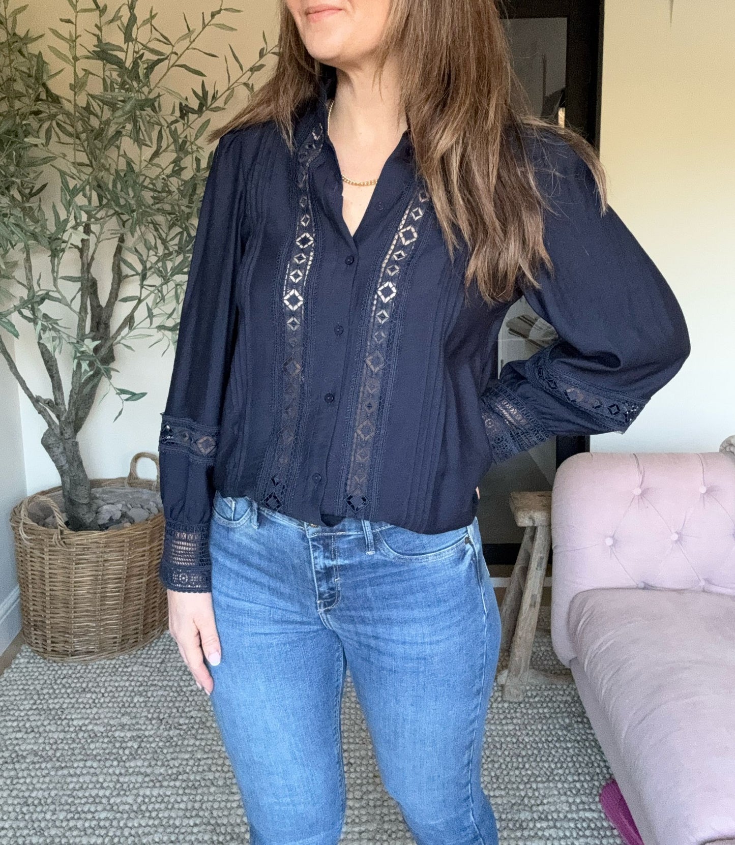 Navy Marketa Embroidery Detailed Blouse