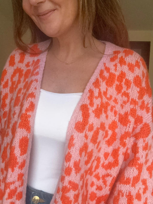 Pink and Orange Leopard Print Cardigan