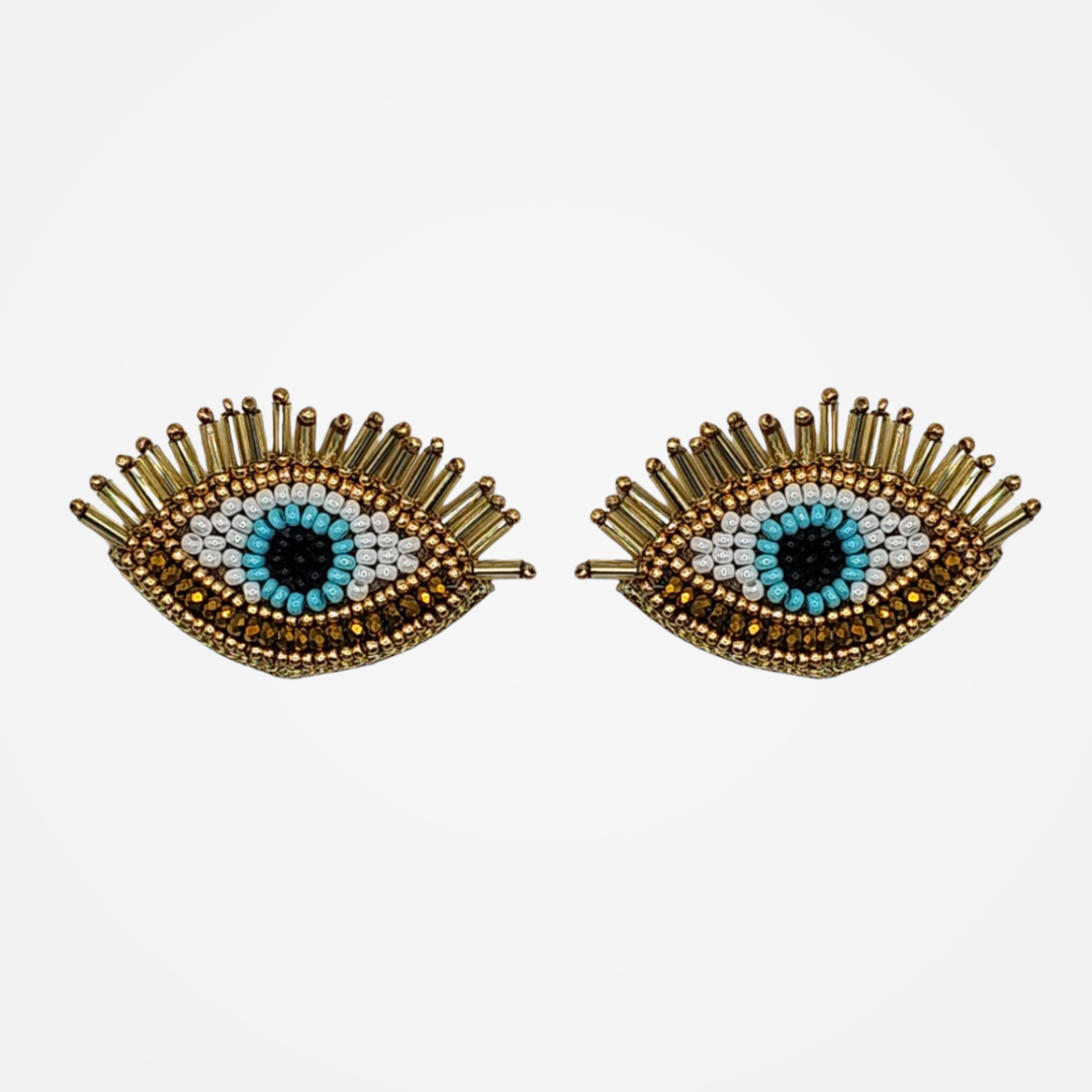 Gold and Aqua Beaded Eye Stud Earrings