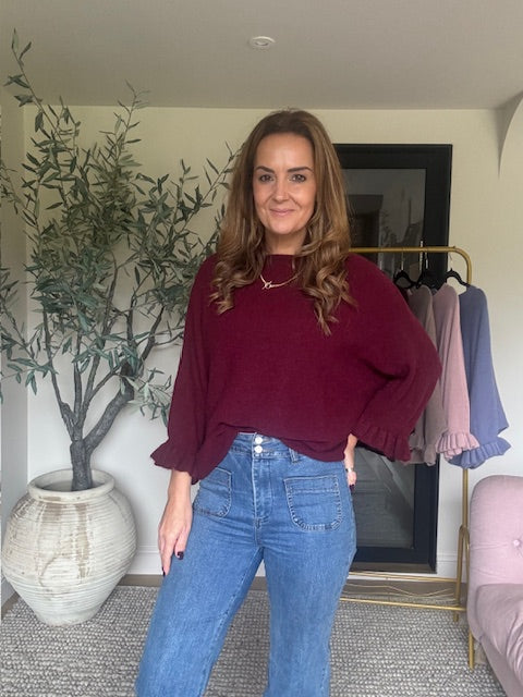 Frill 3/4 Sleeve Jumper - Wine