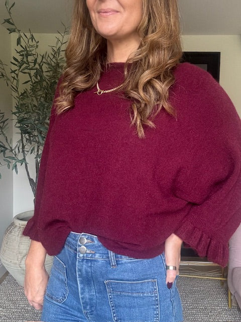 Frill 3/4 Sleeve Jumper - Wine
