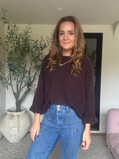 Frill 3/4 Sleeve Jumper - Chocolate