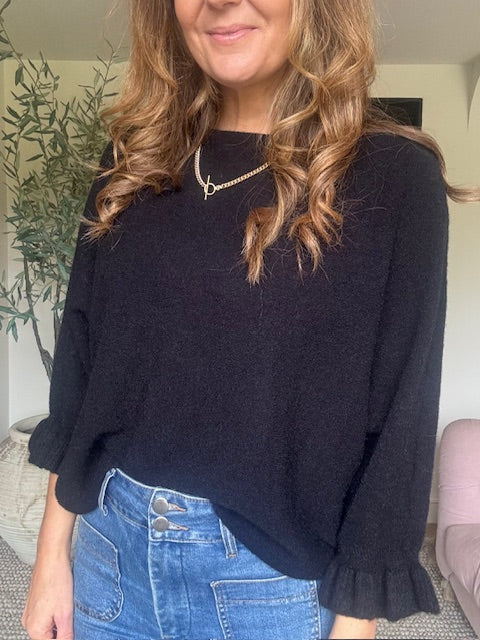 Frill 3/4 Sleeve Jumper - Black