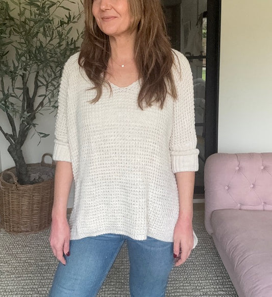 Waffle Knit Cream V Neck Jumper